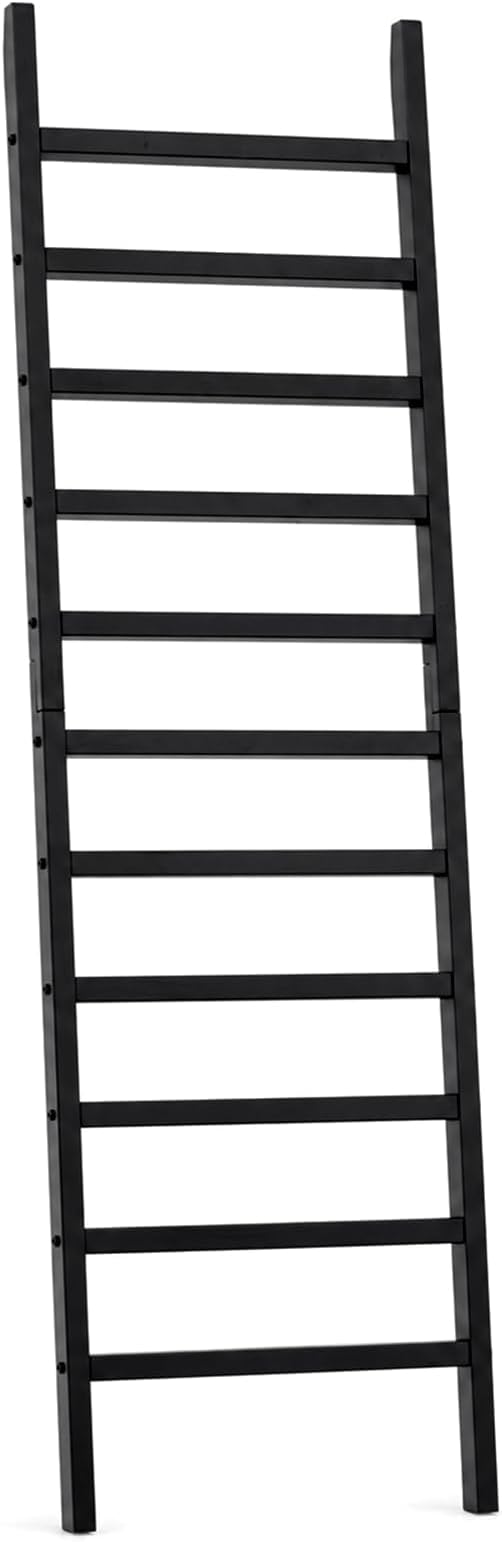FUIN Blanket Ladder, 24 in Wide 11-Rung Solid Wood Rustic Decor Rack, Black | 11 rungs and 24in wide, Solid wood visible grain, Angled lean-to design, Anti-slip support, Living room and bathroom use