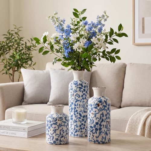 Vintage Ceramic Flower Vase Set of 3, Rustic Farmhouse Vase for Home Decor, Distressed Decorative Vase for Table Entryway Mantel Centerpiece Living Room Bathroom Bedroom (Crackle Blue & White)