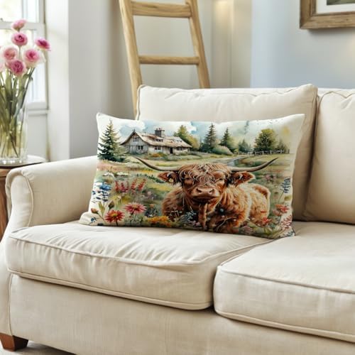 Highland Cow Decorative Throw Pillow Covers with Wildflowers 12×20 Inch Farmhouse Rustic Cushion Cover Western Cows Lumbar Pillowcase 2Pack for Couch Sofa (Green)