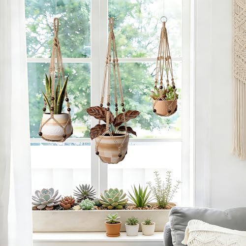 LEWESU 3 Pack Jute Macrame Plant Hanger Indoor 3 Different Sizes Hanging Planter Basket Flower Pot Holder with Wood Beads & No Tassels for Boho Home Decor, 23, 30, 35 Inch, Brown (Pot Not Included)