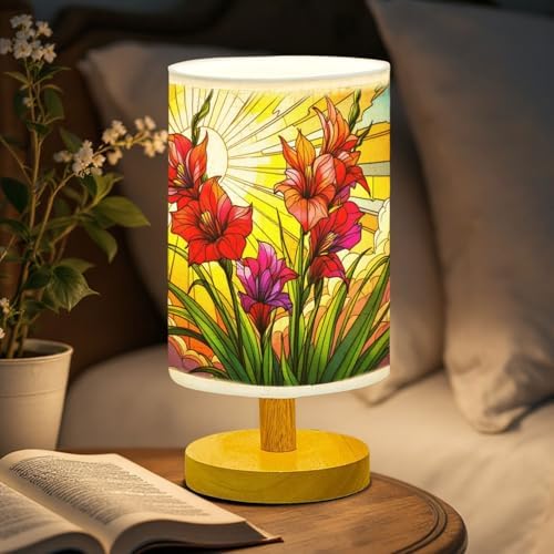 Gladiola Flower Table Lamp LED 3-Color Pressed Bedside, Gladiola Flower Shade Lamp with Wood Base for Bedroom Living Room Desk Office TL01