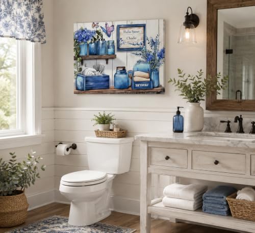 Navy Blue Farmhouse Bathroom Canvas Wall Art Blue Flowers and Butterflies Painting Picture Wall Decor Poster Print Artwork for Toilet Washroom Restroom Home Decoration