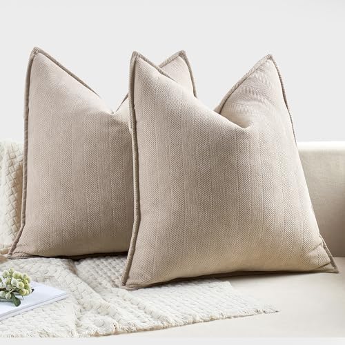 MIULEE Pack of 2 Beige Euro Shams Chenille Pillow Covers 24x24 Inch