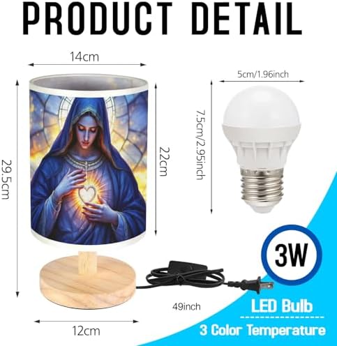 Our Lady of Sorrows Table Lamp LED 3-Color Pressed Bedside, Our Lady of Sorrows Shade Lamp with Wood Base for Bedroom Living Room Desk Office TL01