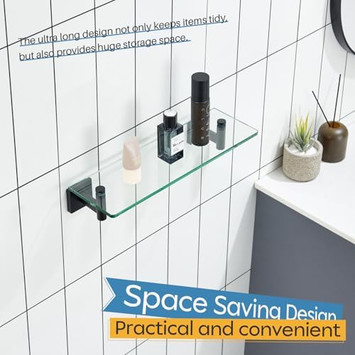 KOKOSIRI Bathroom Shelves Glass Floating Shelf 16-Inch for Bedroom, Living Room, Kitchen, Small Hanging Rack Rustproof Wall Mounted Black B1105BK-L16