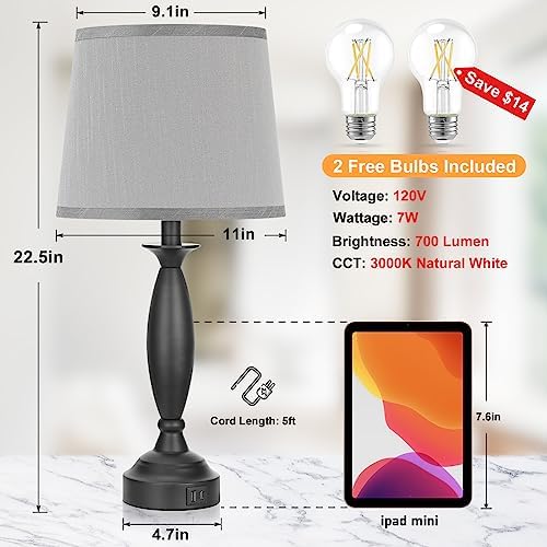 Bedroom Lamps for Nightstand, 3 Way Dimmable Black Bedside Lamps with USB