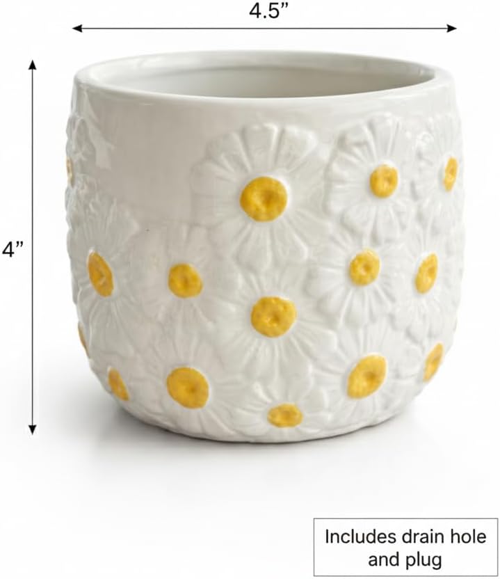 4.5 Inch Ceramic Planter Pot with Drainage Hole-Indoor Outdoor Flower Pot for Houseplants, Succulents & Flowers, Home Decor, Daisy Pattern