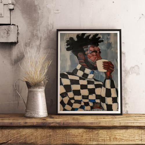 Abstract Black Man Wall Art African American Wall Decor, 16"x24" Unframed | Geometric People Painting Poster, Contemporary Artwork, Afro Men Modern Canvas Prints, Black Man Coffee Lover Print
