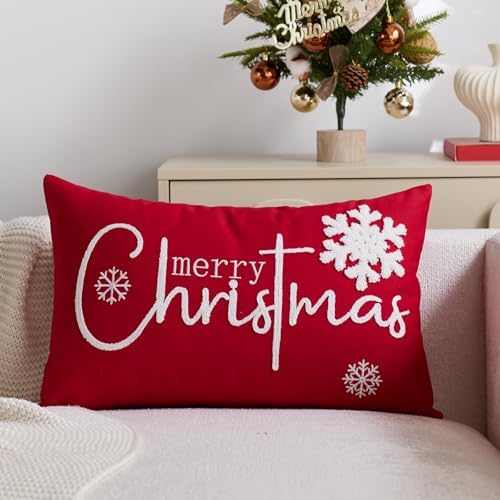Merry Christmas Pillow Covers 12x20 Inch Embroidery Snowflake Xmas Decorative Lumbar Throw Pillow Cover Winter Holiday Pillow Case Cushion Cases for Sofa Couch Living Room Decorations Red
