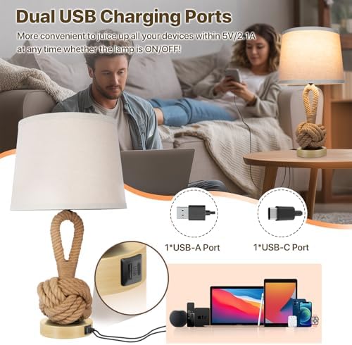vallerico 22" Rope Lamps for Night Stands, Bedside Lamps Set of 2, 3-Color Temperatures Boho Lamp with Rotary Switch, Table Lamps for Living Room Bedroom, Rattan Lamp with USB Ports, Bulbs Included