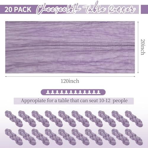 20 Pack Lavender Table Runner 10Ft Cheesecloth Table Runner Boho Gauze Table Runners Romantic Long Sheer Fabric Cheese Cloth Table Runners for Wedding Party Bridal Shower