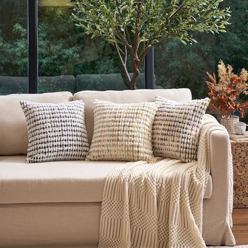 Aeckself Boho Chenille Tufted Pillow Cover 18x18 Inch, Decorative Square Throw Pillow Cover Neutral Pillowcase for Couch Bedroom Living Room, Black Gray