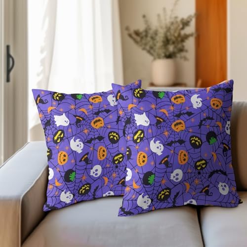 Halloween Purple Throw Pillow Covers 20x20 inch Set of 2 Humour Pumpkins Ghost Skeleton Bat Web Decorative Pillowcase Holiday Cotton Linen Pillow Cases for Home Sofa Porch Outdoor Decor