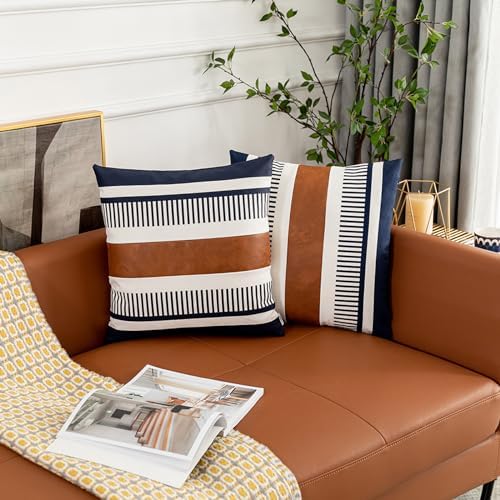 Set of 2 Decorative Faux Leather Pillow Covers 16x16 inch, Modern Boho Cushion Cover Set for Couch Living Room Bedroom Striped Accent Pillowcase Farmhouse Decor, Navy Blue
