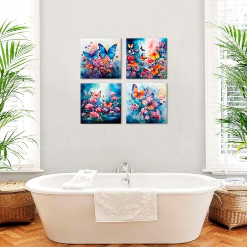 Butterfly Wall Art Colorful Floral Pictures Wall Decor Abstract Wildflower Canvas Prints Watercolor Daisy Poppy Flowers Painting Nature Flowers Artwork for Living Room Home Decorations 20x20" 4Pcs