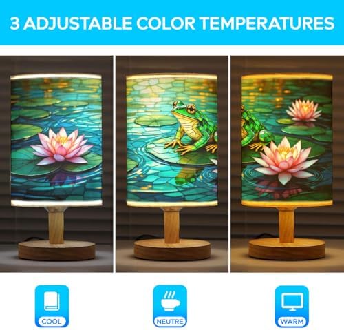 Frog Table Lamp LED 3-Color Pressed Bedside, Frog Shade Lamp with Wood Base for Bedroom Living Room Desk Office TL01