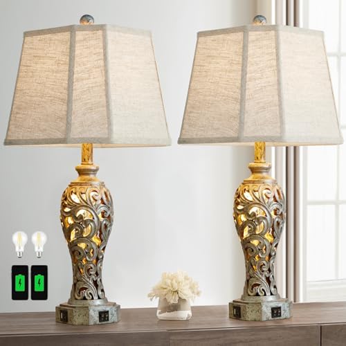 25' Vintage Table Lamps Set of 2 for Living Room with USB C+A