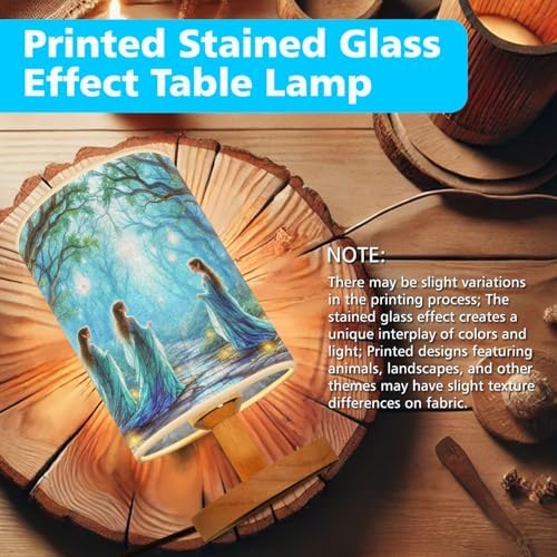 Elves in an Enchanting Table Lamp LED 3-Color Pressed Bedside, Elves in an Enchanting Shade Lamp with Wood Base for Bedroom Living Room Desk Office TL01