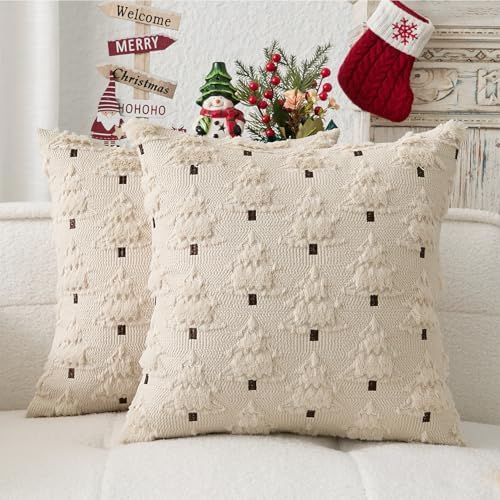 Kevin Textile Christmas Tree Pillow Covers 20x20 Inch Set of 2 Soft Plush Faux Fur with White Snow Embroidery Decoration Pillowcases for Couch Sofa Holiday Festivals Winter Xmas Gift, Beige