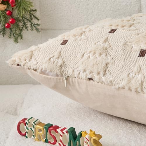 Kevin Textile Christmas Tree Pillow Covers 18x18 Inch Set of 2 Soft Plush Faux Fur with White Snow Embroidery Decoration Pillowcases for Couch Sofa Holiday Festivals Winter Xmas Gift, Beige