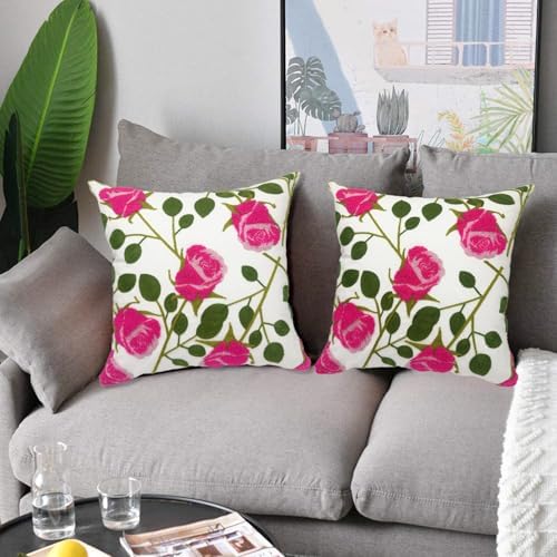 Alysheer Floral Embroidered Farmhouse Decorative Throw Pillow Cover 18"x 18" Set of 2, Cottage Hot Pink Flowers Green Leaves Embroidery Pattern, Cotton Canvas Cushion Case for Sofa Couch Bedroom