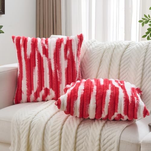 FUTEI Pack of 2 Faux Fur Throw Pillow Covers 22x22 Inch, Red White