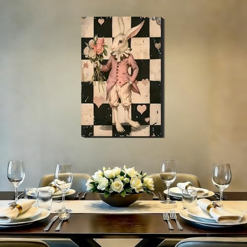 RIBNTAK Large Vintage Easter Rabbit Canvas Art, Whimsical Bunny Pictures for Living Room, Rustic Romantic Easter Canvas Print & Home Office Wall Decoration, 20x30 In