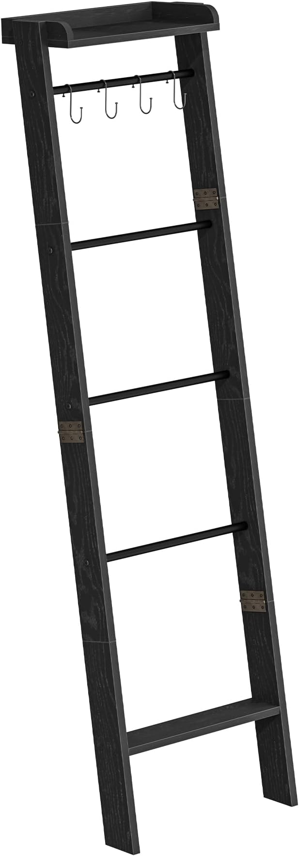 Hzuaneri Blanket Ladder Shelf, Farmhouse Ladder Holder, Blanket Organizer | 6-Tier Decorative Quilt Rack with 4 Removable Hooks 7.9" D x 17.3" W x 63.4" H, Black BR35804B