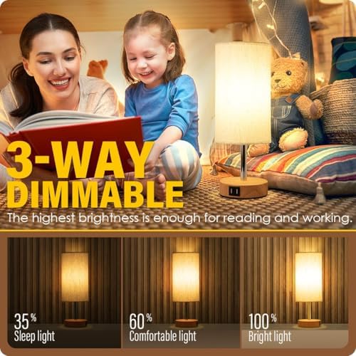 Yarra-Decor Bedside Table Lamp with USB Ports - Touch Control for Bedroom 3 Way Dimmable Nightstand Lamp with Round Fabric Shade for Living Room, Dorm, Home Office, Corded Electric, Without Battery