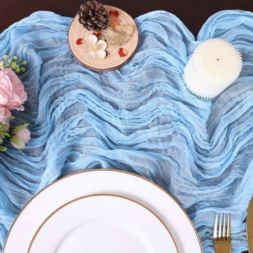 Light Blue Cheesecloth Table Runner 10FT Rustic Sheer Gauze Table Runners 120 Inch Boho Cheese Cloth Table Decorations for Wedding Bridal Summer Home Decor