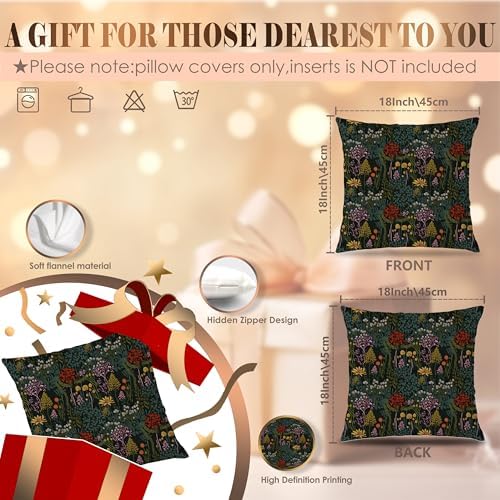 Maximalist Whimsical Botanical Pillow Covers 18x18 Double-Sided, Plant Room Decor, Dark Cottagecore Rustic Forest Colorful Wildflower Plants Decorative Throw Pillow Covers