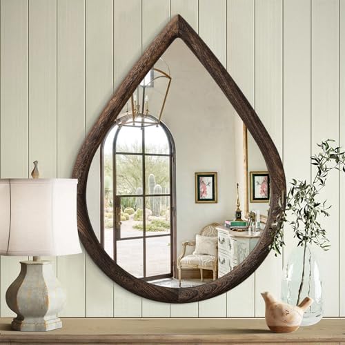 Teardrop Mirror Wall Decor Large Wall Mounted Mirrors with Wood Frame Vintage Wall Art Mirror Rustic Farmhouse Decorative Mirrors for Bathroom Entryway Living Room