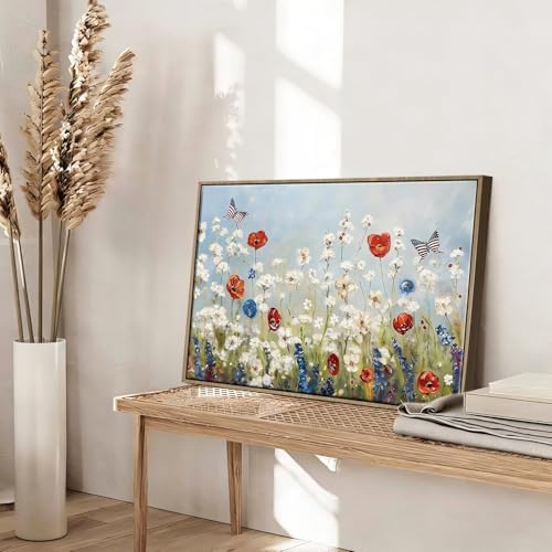 Wildflower Field Framed Canvas Wall Art, 4th of July Canvas prints | Vintage Rustic Landscape Poster Print, Independence Day Wall Decor for Bedroom Living Room 11×14in