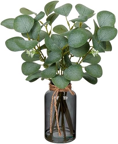 Artificial Eucalyptus Stems Fake Plants in Glass Vase with Faux Water
