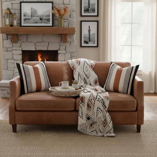 Farmhouse Stripe Pillow Cover 22x22 Boho Accent Cushion Case Faux Leather Decorative Pillowcase,Black and Beige (Cover ONLY, Pack of 2)