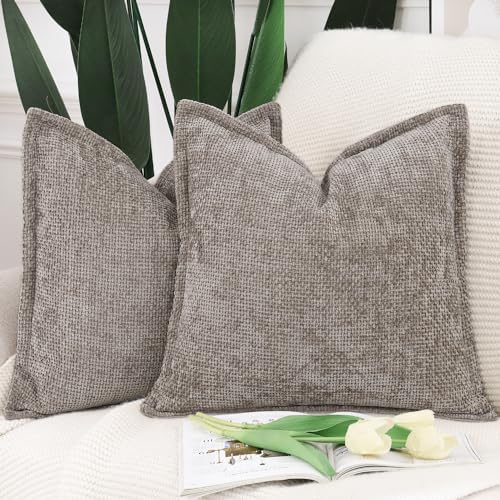 MADIZZ Decorative Chenille Velvet Throw Pillow Covers Set of 2 Soft Boho Textured Neutral Couch Throw Pillow for Bed Modern Farmhouse Home Decor for Sofa Livingroom Taupe 20x20 Inch