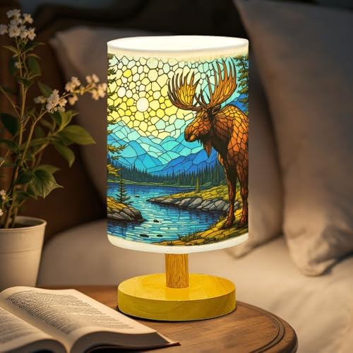 Moose Table Lamp LED 3-Color Pressed Bedside, Moose Shade Lamp with Wood Base for Bedroom Living Room Desk Office TL01