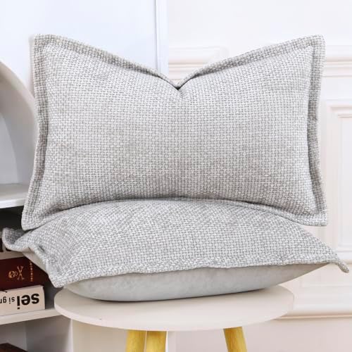 MADIZZ Decorative Chenille Velvet Throw Pillow Covers Set of 2 Soft Boho Textured Neutral Couch Throw Pillow for Bed Modern Farmhouse Home Decor for Sofa Livingroom Oatmeal 12x20 Inch