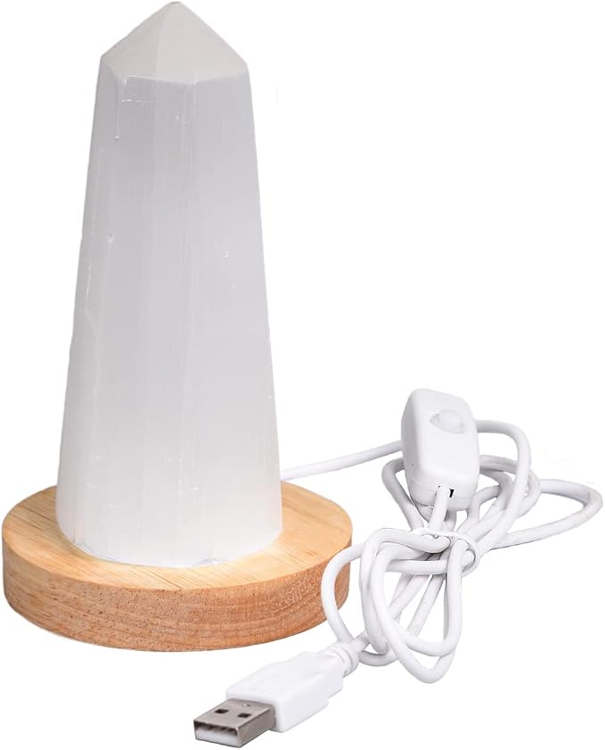 JIC Gem USB Selenite Lamp Hexagonal Crystal Points Selenite Tower Lamp Morocco Skyscraper 4 Inch with Wooden Light Stand Base