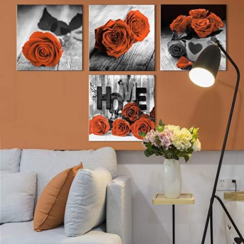 Burnt Orange Wall Art Black and White Living Room Wall Decor Red Rose Flower Canvas Prints Romantic Floral Pictures Love Sign Paintings Artwork Dining Room Kitchen Accessories Home Decorations 20x20”