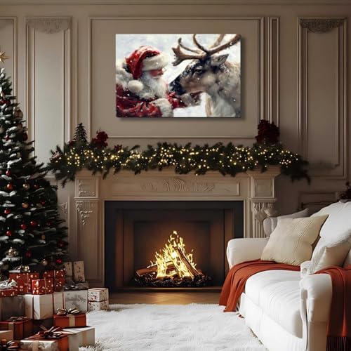 Santa's Reindeer Framed Christmas Canvas Wall Art for Living Room, Winter Pictures Wall Decor Painting Prints for Bedroom, Santa Christmas Art, 24x36 Poster Artwork for Wall Decorations