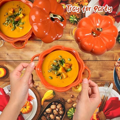 Yaomiao 6 Pcs Pumpkin Ceramic Bowl 15 oz Pumpkin Soup Bowl Pumpkin Shape Storage Jar with Lid and Handles for Home Halloween Party Kitchen Tableware(Orange)