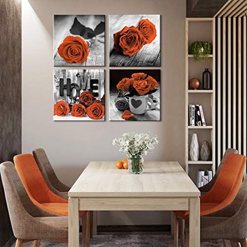 Burnt Orange Wall Art Black and White Living Room Wall Decor Red Rose Flower Canvas Prints Romantic Floral Pictures Love Sign Paintings Artwork Dining Room Kitchen Accessories Home Decorations 20x20”