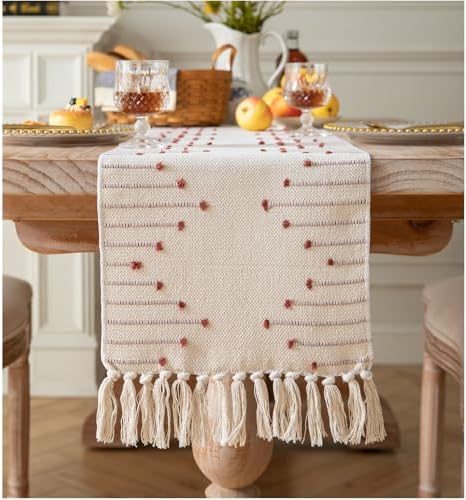 Caflife Boho Table Runner 13 x 60 Inch Long Natural Cotton Woven Runner with Tassels for Home Dining Table décor, for Modern Farmhouse Decor Coffee Table Runner, Rust and Beige