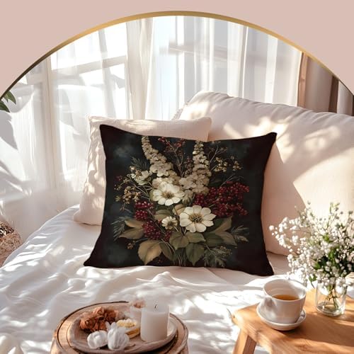 Vintage Moody Floral Pillow Cover 18x18 Double-Sided, Dark Cottagecore Red and White Wildflower Botanical Decorative Throw Pillow Cover for Home Bedroom Living Room