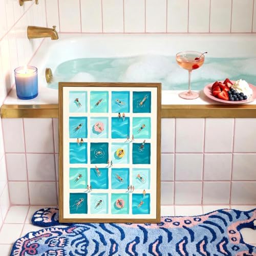 Framed Blue Swimming Pool Wall Art, Mid Century Modern Beach Tiny Swimmers Pictures Wall Decor, Summer Coastal Paintings Canvas Prints Beachy Home Decor for Living Room Bathroom 12x16 inch