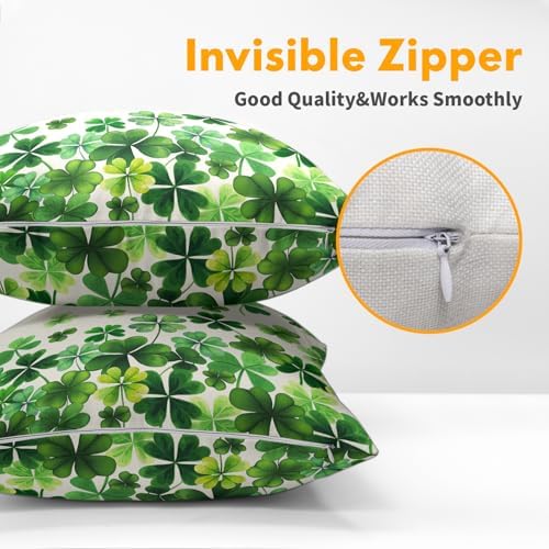 Lucky Clover Shamrocks Throw Pillow Covers St. Patrick's Day Pillowcase 20x20inch Set of 2 Green Spring Holiday Decorative Cotton-Linen Square Cushion Cases for Home Couch Bed