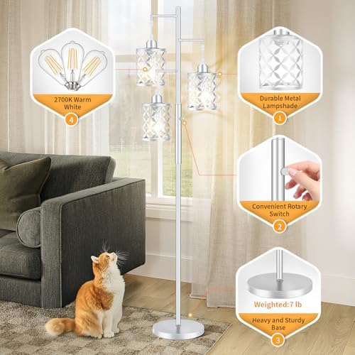 72" Modern Tree Floor Lamp, Dimmable Minimalist Tall Standing Lamp with Metal Cages & Rotary Dimmer Knob, Corner Decor Lighting for Living Room Bedroom Cafe, 3 x 800LM Bulbs Included-Silver