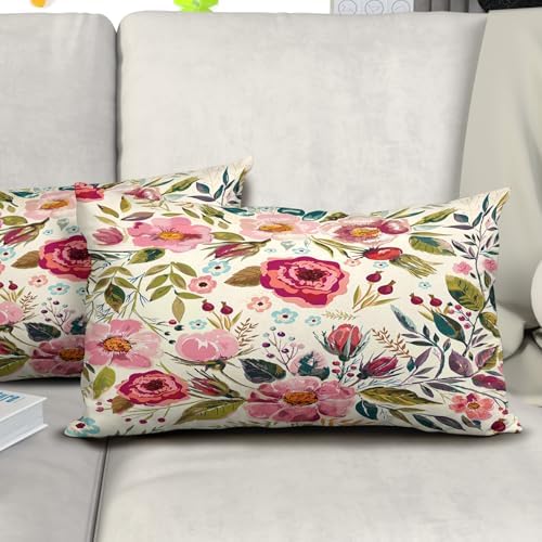 Spring Summer Flower Throw Pillow Covers 20x12 Inch Watercolor Peony Pillowcase Hot Pink Flora with Green Leaves Girly Decorative Cotton Cushion Cover Set of 2 for Home Garden Outdoor Bed