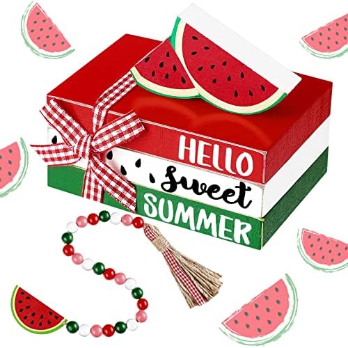 Blulu 6 Pcs Watermelon Decorations for Home, Summer Watermelon Wooden Table Decor, Hello Sweet Summer Tabletop Centerpieces Red Green Tassel Bead Garland for Home Kitchen Shelf Office Desk Tiered Tray